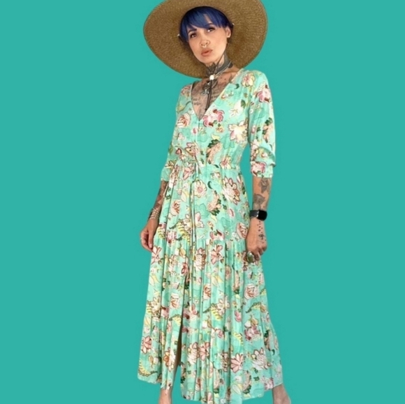 Sunday Mi Amor maxi dress light green pink printed 3 tiered size XS w split - Picture 2 of 12